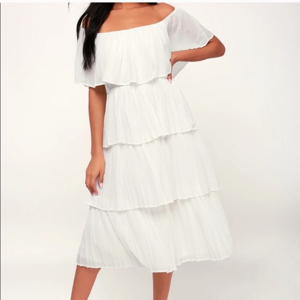 White Off-the-Shoulder Ruffle Midi Dress
